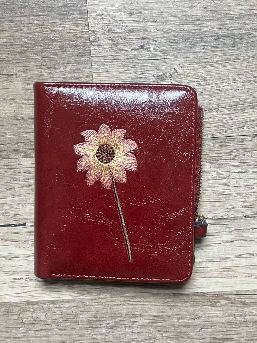 Red Floral Embroidered Leather Zip Wallet